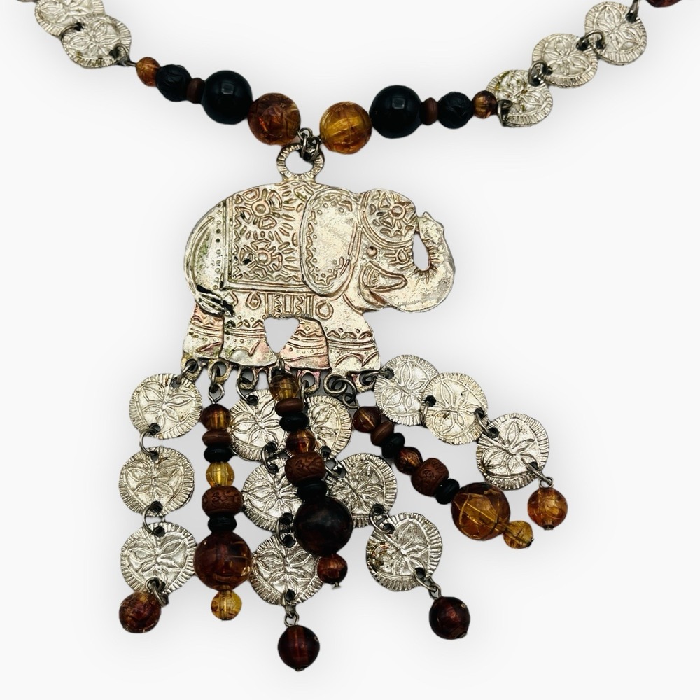 Beaded Necklace‎ with Silver Tribal Elephant Pendant Faux Amber Glass Wood Beads